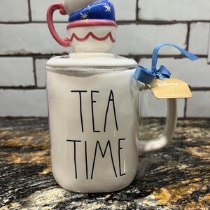 Rae Dunn White 'Tea Time' Mug with Pink and Blue Accents